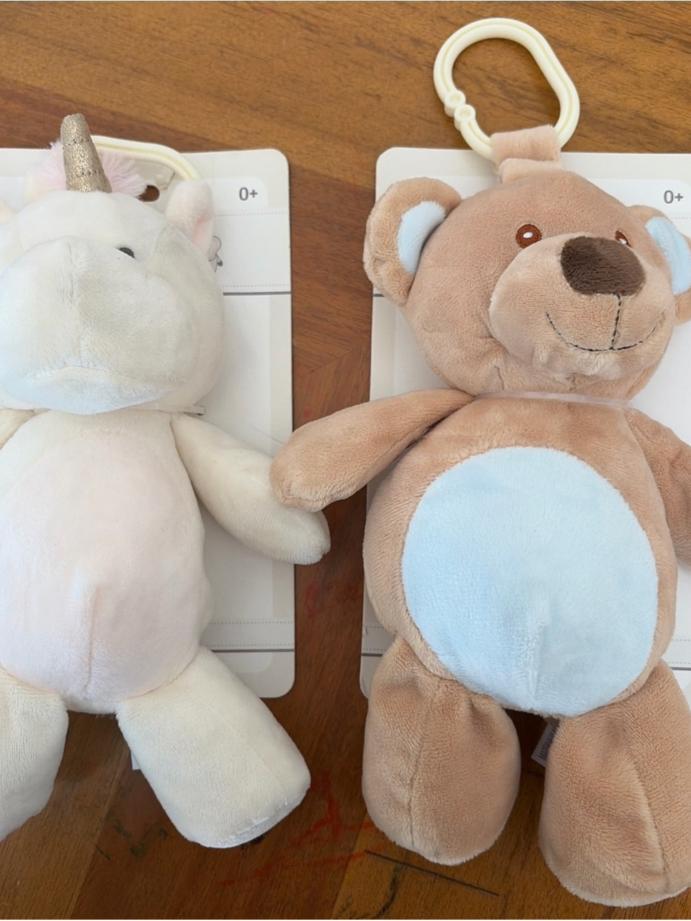 Kellytoy Clip-On Bear and Unicorn Plush Duo - Beige Bear & Cream Unicorn